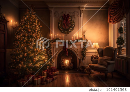 Beautiful cozy Christmas interior with a fireplace. Neural network AI generated art Beautiful cozy Christmas interior with a fireplace. Neural network AI generated art 101401568