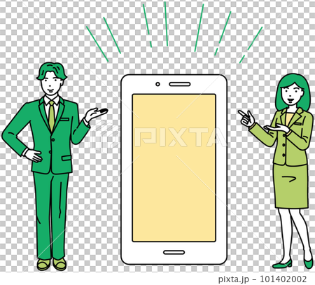 Male and female employees showing smartphones Male and female employees showing smartphones 101402002