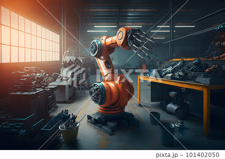 New robot setting of machine welding for the production line of vehicle industrial factory. Neural network AI generated art 101402050