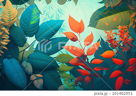 Background of colorful tropical leaves. Neural network AI generated art Background of colorful tropical leaves. Neural network AI generated art 101402051