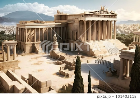 Fantasy Athens landmark Acropolis and the Odeon of Herodes Atticus, Herodeion, just after the sunrise. Neural network AI generated art 101402118