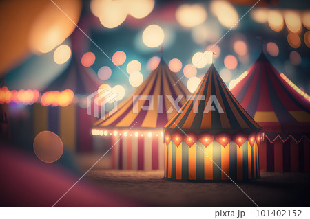 Night view of a circus tents and many light lamps with blurred background. Neural network AI generated art 101402152