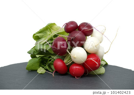 Bunch of fresh radishes over white background Bunch of fresh radishes over white background 101402423
