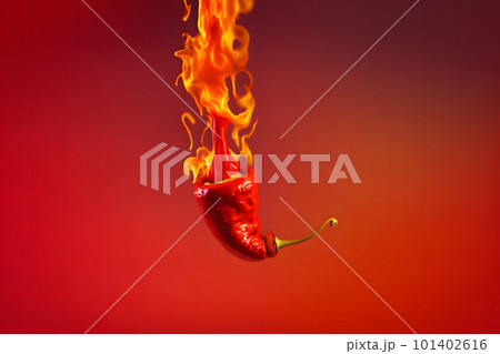 Fresh red chilli pepper in fire as a symbol of burning feeling of spicy food and spices. Red background. Neural network AI generated art Fresh red chilli pepper in fire as a symbol of burning feeling of spicy food and spices. Red background. Neural network AI generated art 101402616