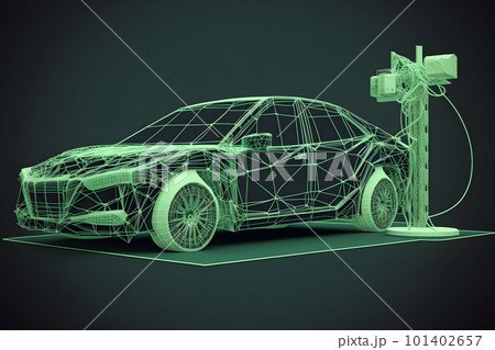 Electric car charging concept in green environment. Neural network AI generated art 101402657