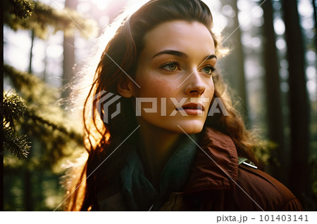 Portrait of a traveler girl in the forest. Neural network AI generated art 101403141