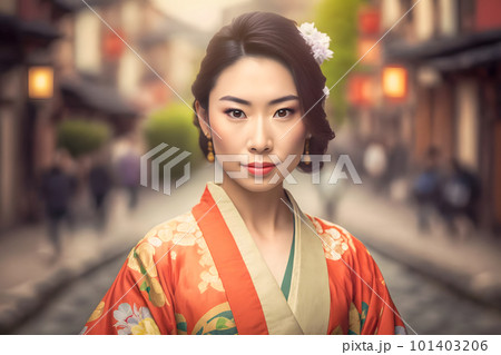 Portrait of a Japanese woman in national clothes. Neural network AI generated art 101403206