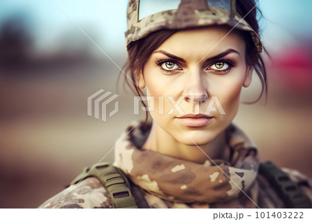 Pretty female soldier portrait. Neural network AI generated art 101403222