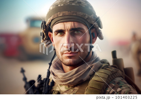 Proud army soldier portrait. Neural network AI generated art 101403225