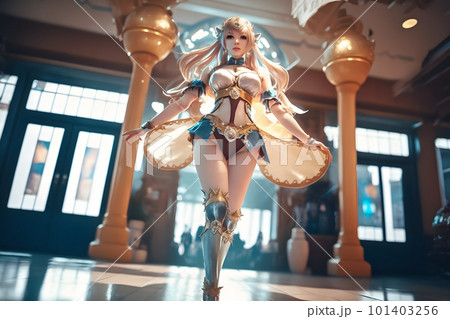 Asian girl in a beautiful costume is dancing k-pop. Neural network AI generated art 101403256