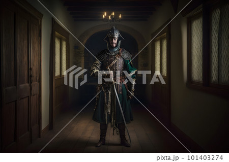 Medieval knight in castle portrait. Neural network AI generated art 101403274