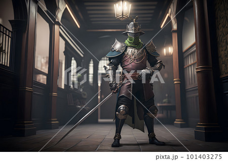 Medieval knight in castle portrait. Neural network AI generated art 101403275