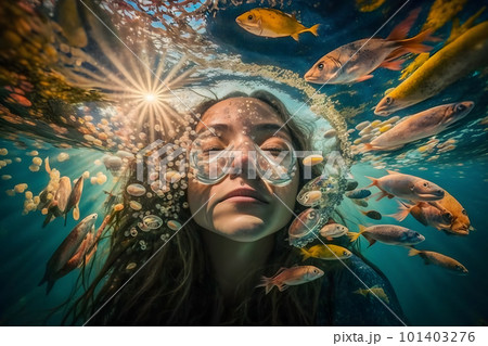 Mermaid girl swims underwater among the fish. Neural network AI generated art 101403276