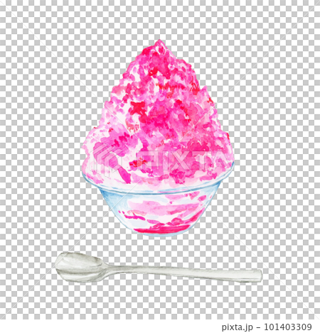 手描き水彩のガラスの器のいちごかき氷イラスト(かわいいスイーツ・夏のフード素材) 手描き水彩のガラスの器のいちごかき氷イラスト(かわいいスイーツ・夏のフード素材) 101403309