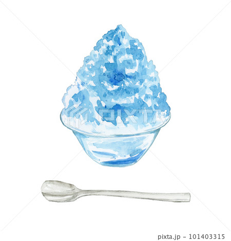 手描き水彩のガラスの器に入ったブルーハワイのかき氷イラスト 101403315