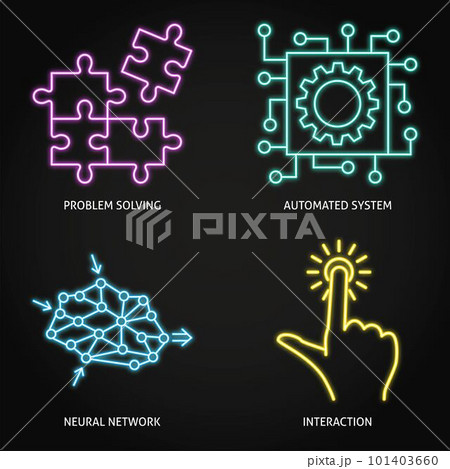 Neural network and automated systems neon icon set 101403660