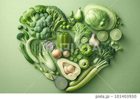 Green vegetables in the shape of a heart. vegan concept. Neural network AI generated art 101403930