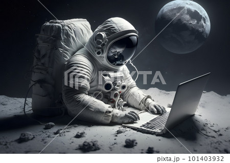 Astronaut in outer space working on a laptop. Neural network AI generated art Astronaut in outer space working on a laptop. Neural network AI generated art 101403932