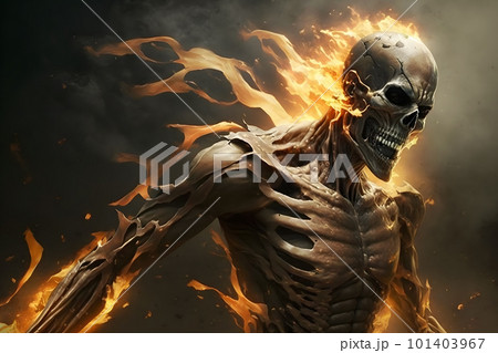 Scary skeleton on fire. Neural network AI generated art 101403967