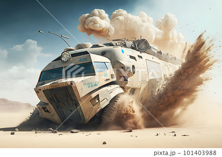 Military armored car rides in the desert. Neural network AI generated art 101403988