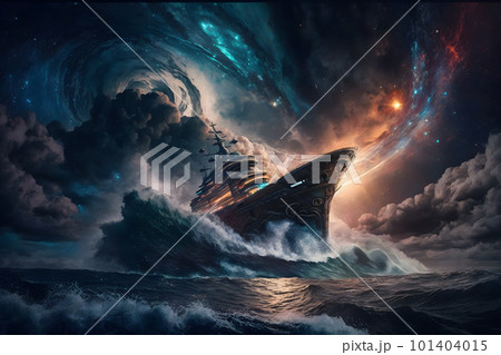 Fantasy ship in glowing waves. Neural network AI generated art 101404015