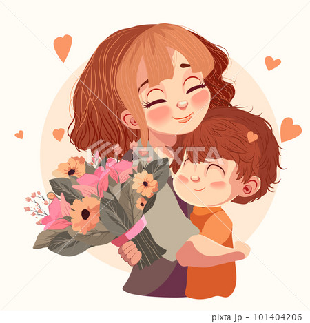 Happy mothers day illustration with woman holding a child. Thank you card with blooming flowers. Use for Boarding Pass, birthday card, invitations, Birthday card Vector illustration 101404206