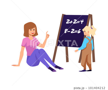 Nanny takes care and teaches the child, flat vector illustration isolated. 101404212