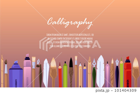 Calligraphy banner with border of calligraphic tools, flat vector illustration. Calligraphy banner with border of calligraphic tools, flat vector illustration. 101404309