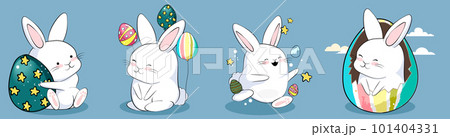 Happy Easter, decorated easter card, banner. Bunnies, Easter eggs, flowers and basket. Folk style patterned design. . Vector illustration 101404331