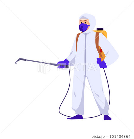 Pest control disinfector in suit with spray, flat vector illustration isolated. Pest control disinfector in suit with spray, flat vector illustration isolated. 101404364