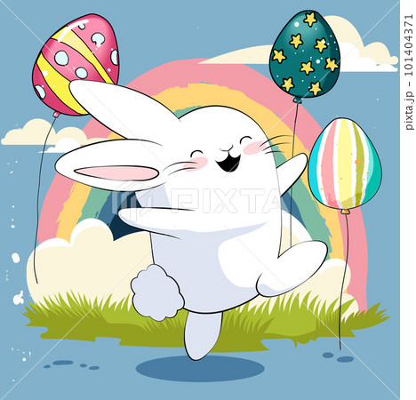 Happy Easter, decorated easter card, banner. Bunnies, Easter eggs, flowers and basket. Folk style patterned design. . Vector illustration Happy Easter, decorated easter card, banner. Bunnies, Easter eggs, flowers and basket. Folk style patterned design. . Vector illustration 101404371