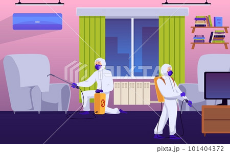 Disinfection workers treat the premises with chemicals flat vector illustration. Disinfection workers treat the premises with chemicals flat vector illustration. 101404372