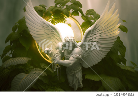 White marble statue of angel in garden. Neural network AI generated art White marble statue of angel in garden. Neural network AI generated art 101404832