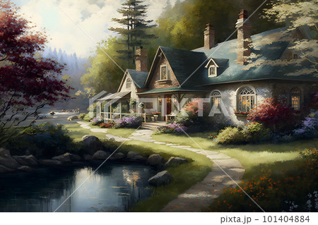 Beautiful fabulous house in a blooming fantasy garden. Neural network AI generated Beautiful fabulous house in a blooming fantasy garden. Neural network AI generated 101404884