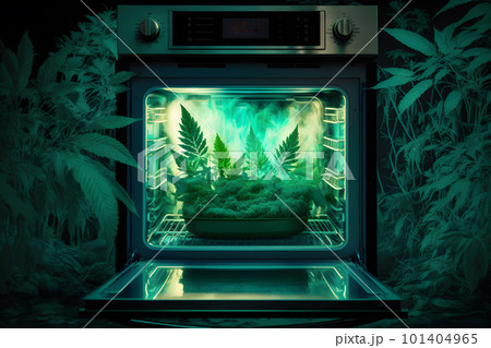 Growing marijuana cannabis leafs in open kitchen oven. Neural network AI generated art 101404965