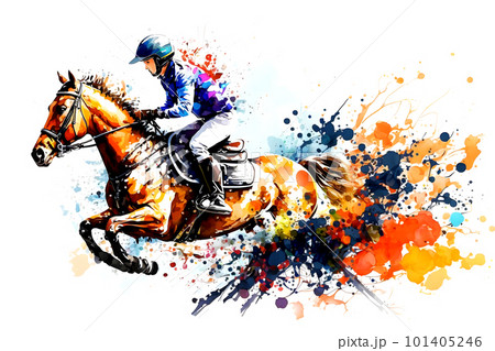 Race horse with jockey on watercolor splatter background. Neural network AI generated art Race horse with jockey on watercolor splatter background. Neural network AI generated art 101405246