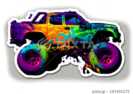 Monster truck sticker with multicolored paint splash. Neural network AI generated art Monster truck sticker with multicolored paint splash. Neural network AI generated art 101405275