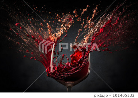 Glass with splash of red wine on black background. Neural network AI generated art 101405332
