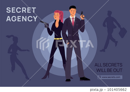 Secret super agents couple poster. Cartoon spies with pistols. Man and woman detectives. Mystery mission. Superspies undercover investigation. Thriller banner. Garish vector concept Secret super agents couple poster. Cartoon spies with pistols. Man and woman detectives. Mystery mission. Superspies undercover investigation. Thriller banner. Garish vector concept 101405662