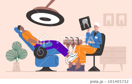 Dentists office. Patient treats teeth. Medical chair with drills. Stomatology therapy. Doctor holds molar x-ray. Dental specialists appointment. Stomatology diagnostic. Vector concept 101405732