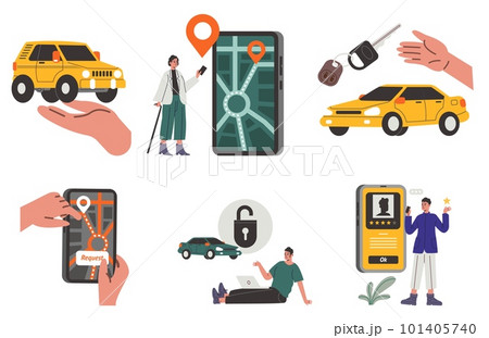 Carsharing service. City car change. Transport rental. Vehicle tracking. Mobile location app. Free machine searching. Taxi order. Auto request. Automobile transportation vector set Carsharing service. City car change. Transport rental. Vehicle tracking. Mobile location app. Free machine searching. Taxi order. Auto request. Automobile transportation vector set 101405740