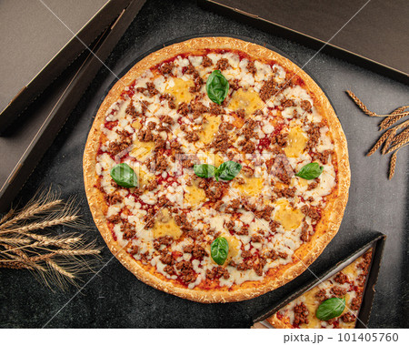 Huge pizza with cheddar cheese and minced beef 101405760