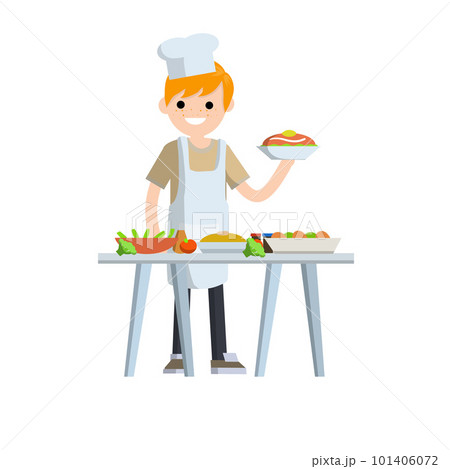 Flat Man cook holding plate of food. Chef and waiter at work Flat Man cook holding plate of food. Chef and waiter at work 101406072