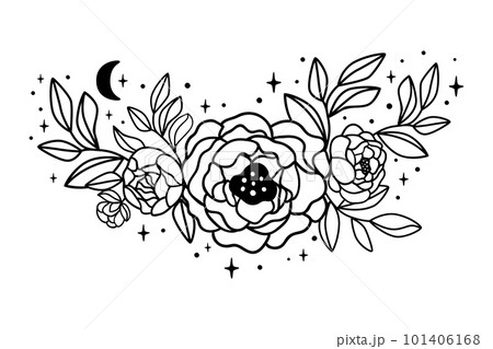 Line art floral bouquets vector. Outline celestial flower with stars, moon decorative graphic element. 101406168