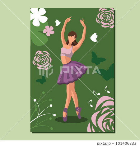 Caucasian white faceless ballet dancer in a purple tutu and pointe shoes dancing on a green poster with flowers and butterflies. Vector illustration in flat style 101406232