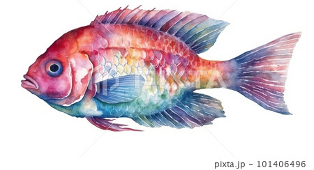 one bright colored sea fish, watecolor illustration isolated on white, AI generative image 101406496