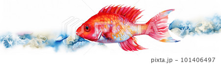 one bright colored sea fish, watecolor illustration isolated on white, AI generative image 101406497