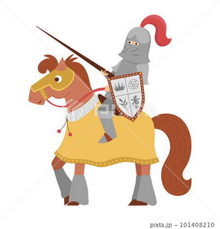 Fairy tale knight on a horse. Fantasy armored warrior isolated on white background. Fairytale soldier in helmet with sword, shield, chain mail. Cartoon icon with medieval character and weapon. 101408210