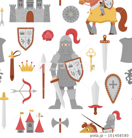 Fairy tale knight armor seamless pattern. Repeat background with fantasy armored warrior and castle. Fairytale soldier digital paper with sword, shield, horse, crown. Medieval weapon texture 101408580