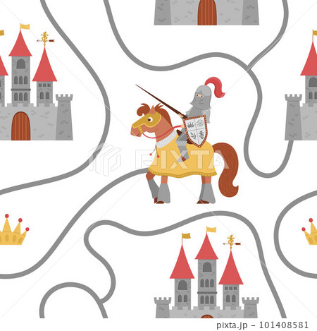 Seamless pattern with fairy tale knight, road, castle, crown. Repeat background with fantasy armored warrior and kingdom plan. Fairytale soldier digital paper. Stylized medieval texture 101408581